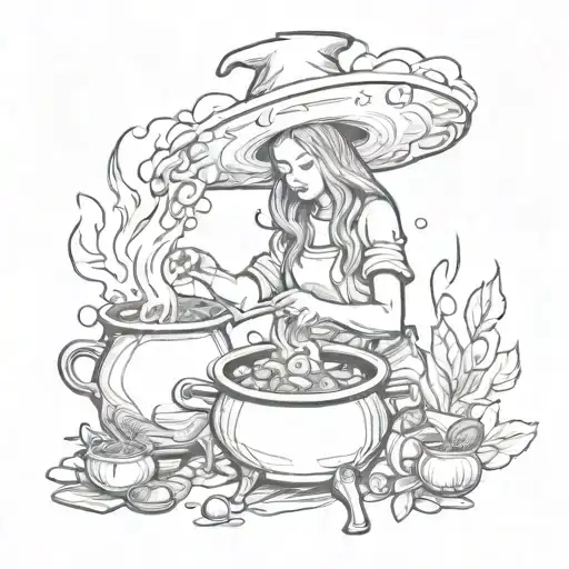 A Witch Brewing A Potion In A Cauldron Surrounded By Mystical Ingredients