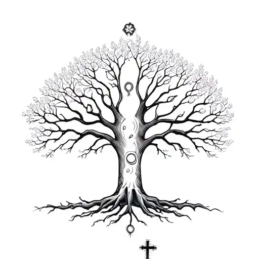A Family Tree Tattoo With Each Branch Representing A Family Member And A Cross Symbolizing Faith
