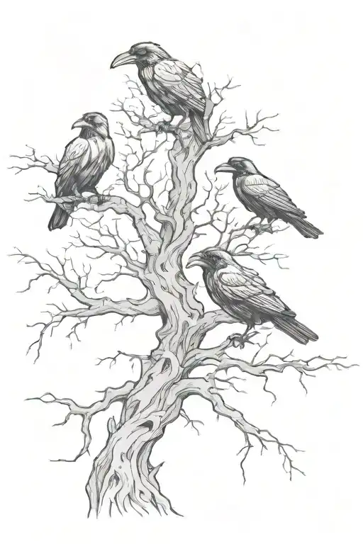 Ravens Sitting In Creepy Oak Tree With Roots Forming