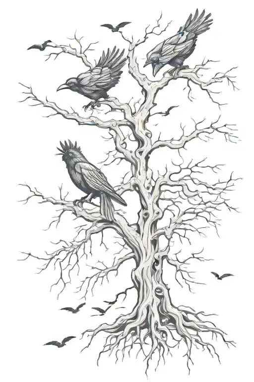 Ravens Flying Around Tree With Roots Forming