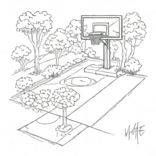 A Basketball Court Surrounded By Nature Elements Like Trees And Flowers