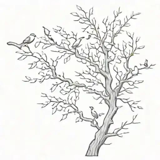 Long Tree Branch With Birds Flying Away