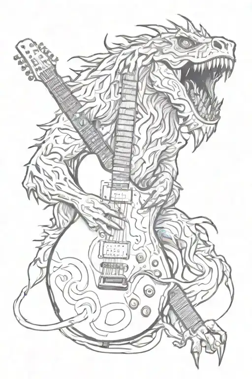 A Detailed Line Tattoo Of A Monstrous Creature Shredding On An Electric Guitar