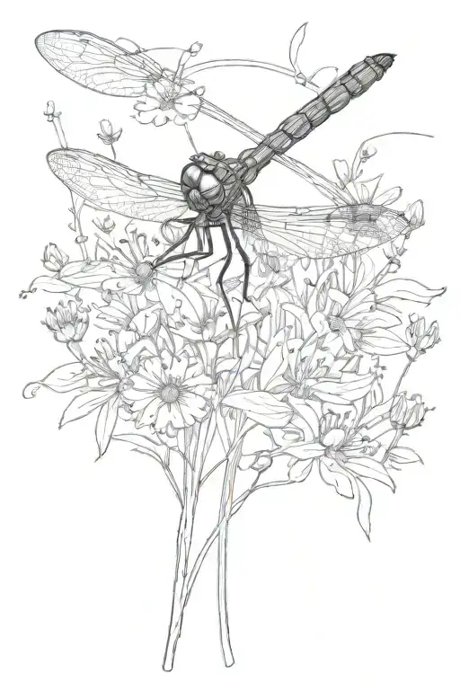 A Sketch-style Design Of A Dragonfly Hovering Over A Field Of Wildflowers
