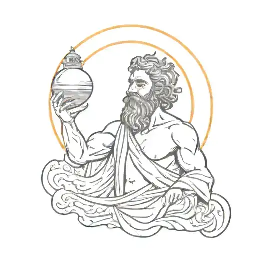 Greek God With A Beard Holds The Sun With Rays In His Hands And Examines It