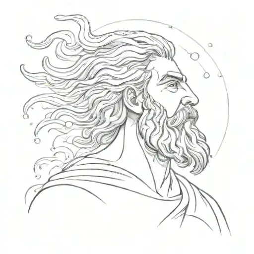 Greek God In The Clouds With A Beard Holds In Two Hands The Sun With Rays Similar To A Dotted Line