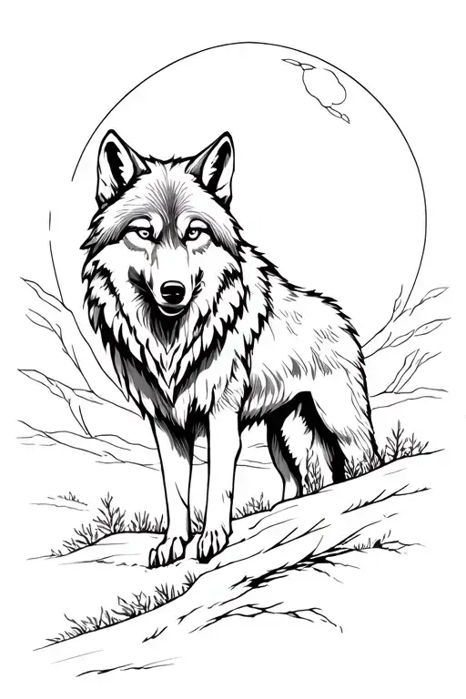 Sketch-like Wolf In The Woods With Moon In The Background