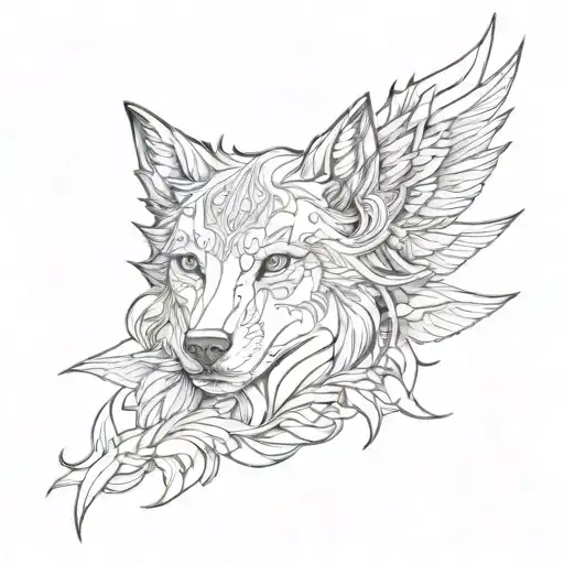 Half Wolf And Half Women Face With Wings Spread Facing Front