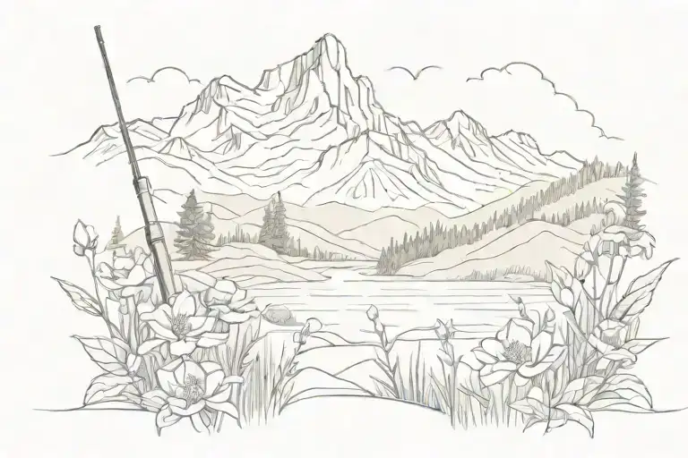 Flowers In Valley With Mountain In Range And Fishing Pole