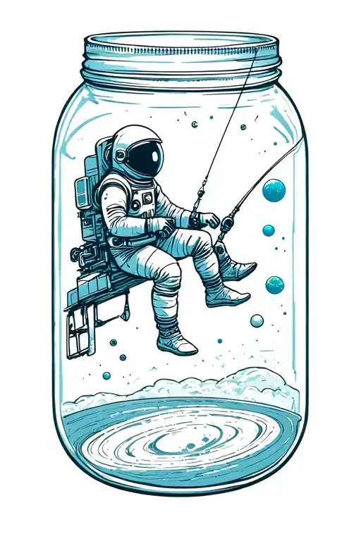 Astronaut Sitting On A Satellite Fishing Into A Mason Jar That Contains The Solar System
