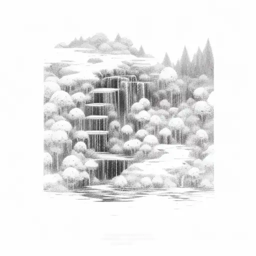 Twelve Stairs Leading To A Beautiful Plain With A Waterfall In The Background