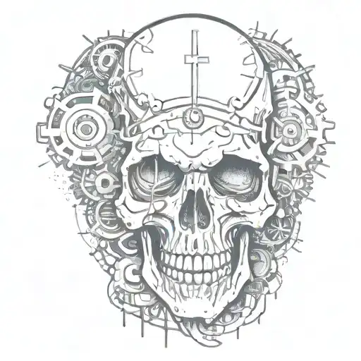 Skull And Gears With Cross Hatching
