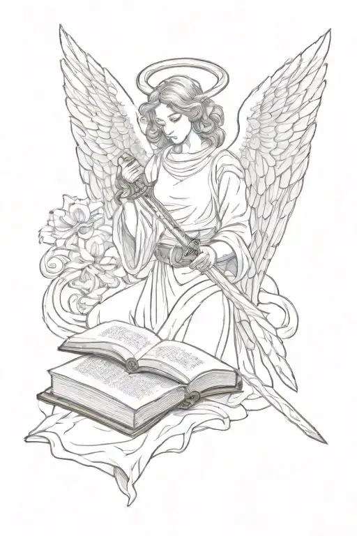 An Angel With A Sword And A Book Open In Front