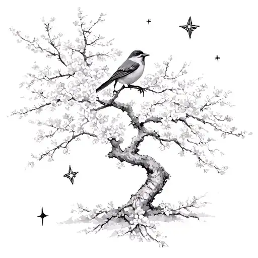 Stars Above A Bird Perched On Cherry Blossom Tree