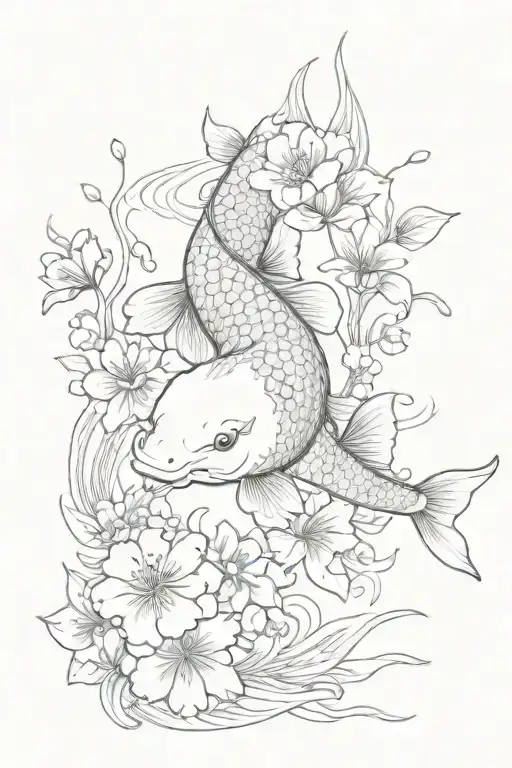 Koi Fish Thunger And Flower Blooming