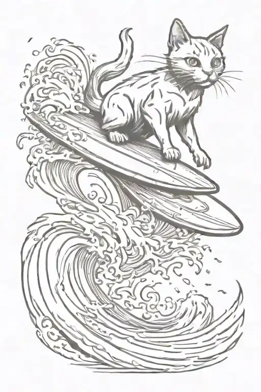 A Sketch Style Tattoo Of A Cat Riding A Wave With An Anchor As A Surfboard
