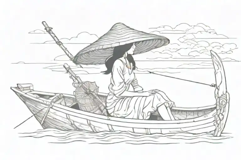 A Silloette Of A Young Girl With A Vietnamese Hat On A Vietnamese Fishing Boat With No Background