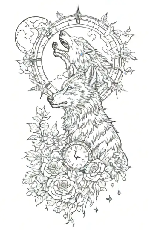 Clocks And Flowers Surrounding A Wolf Howling At The Moon