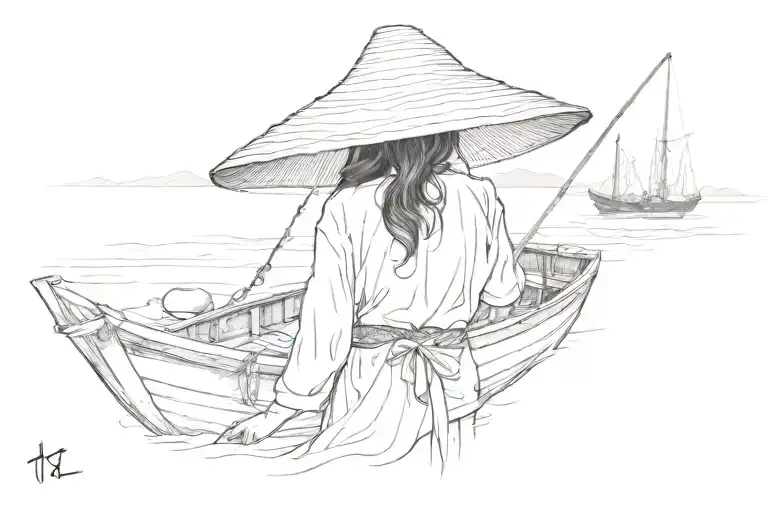 A Vietnamese Girl With A Vietnamese Hat On A Vietnamese Fishing Boat In The Distance