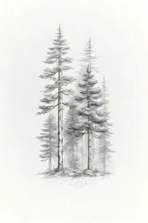 Three Pine Trees In Cloudy Forest
