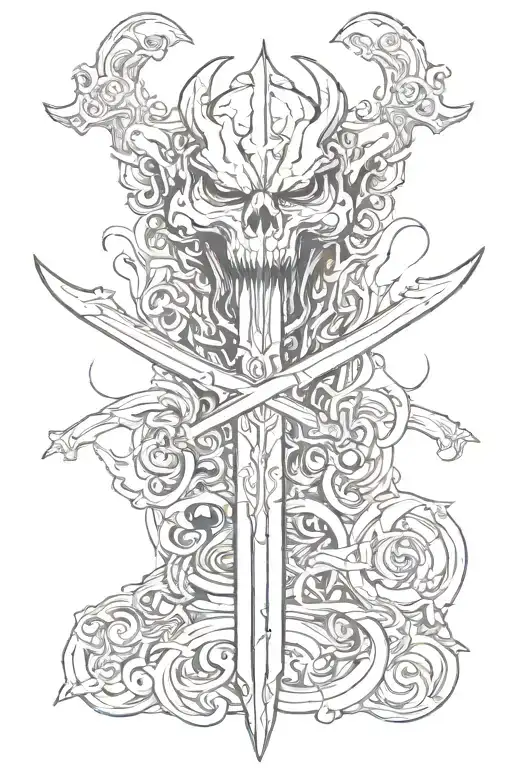 Sword With Demon Behind It With Devil Eyes Looking