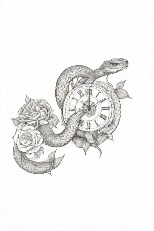 A Tattoo Of A Snake And Time With A Rose