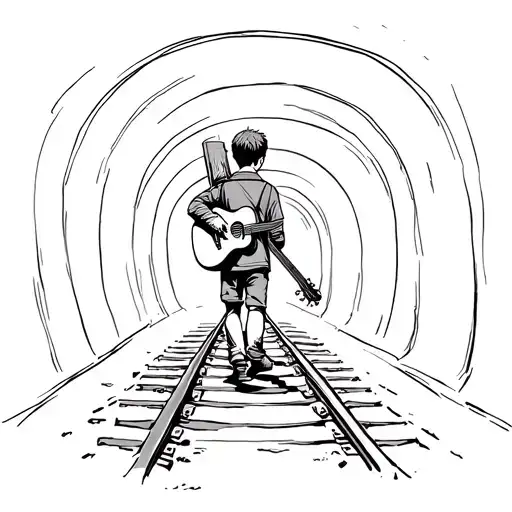 Sketch Of A Boy Carrying A Guitar On His Back Walking Through A Tunnel On A Railway Track