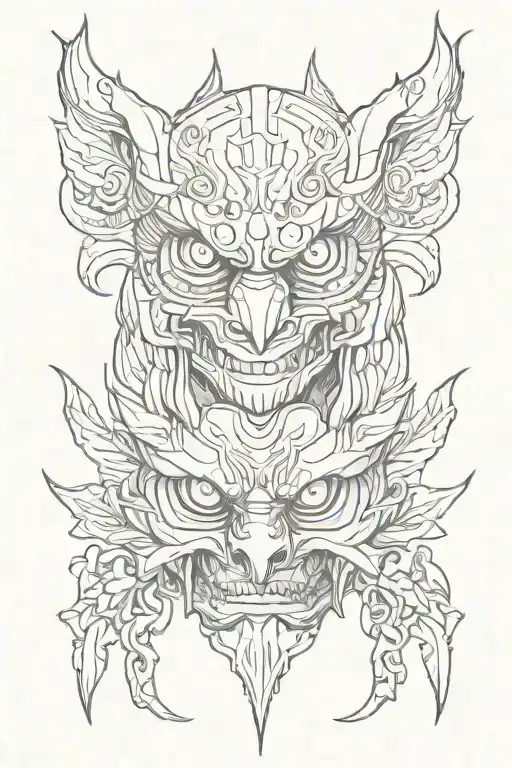 Oni Mask Split In Half With Owl Under The Mask Looking