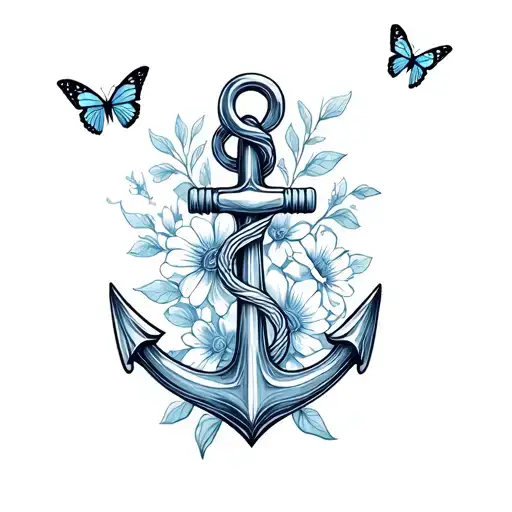 Boat Anchor With Flowers And Butterflies Above