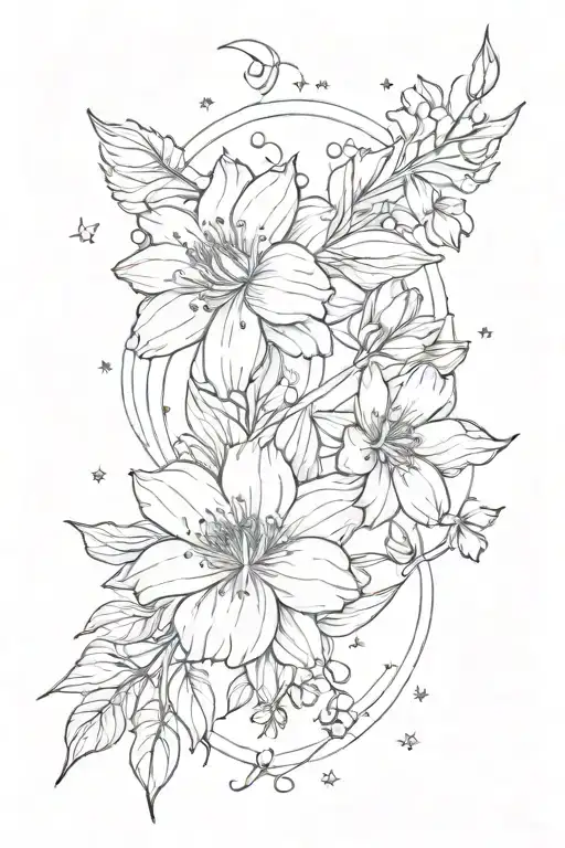 Delicate Line Tatto June Birth Flowers And Gemini Constellation In The Background