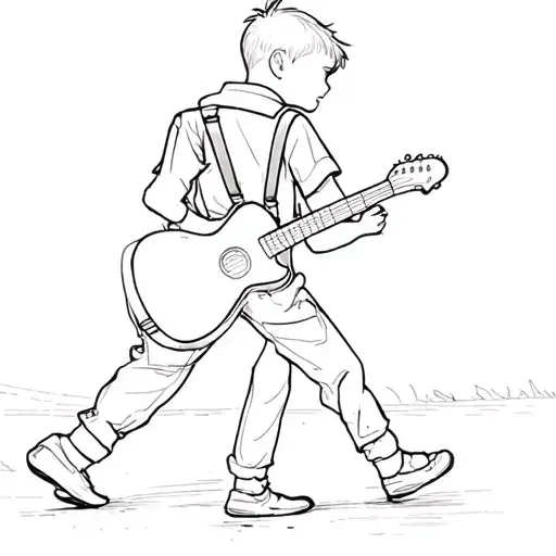 Boy Walking Away Wearing A Shirt And Suspenders Wearing A Guitar On His Back
