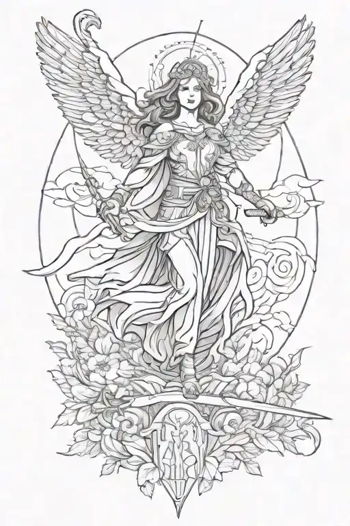 St Michale Archangel Beaty Female With Sword Going Down A Hill Front View