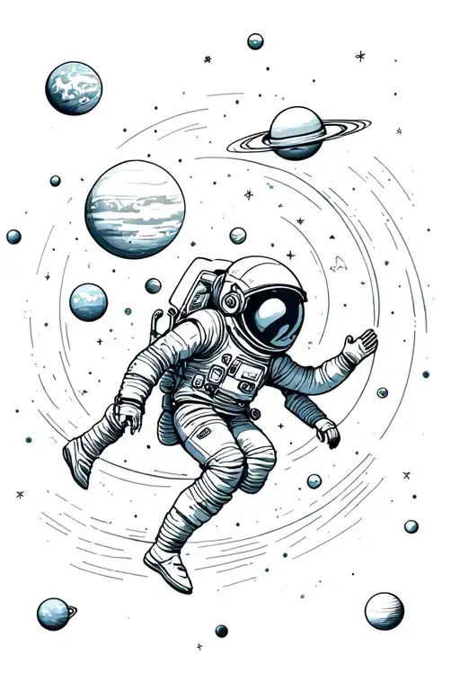 Astronaut Floating In Space With Planets