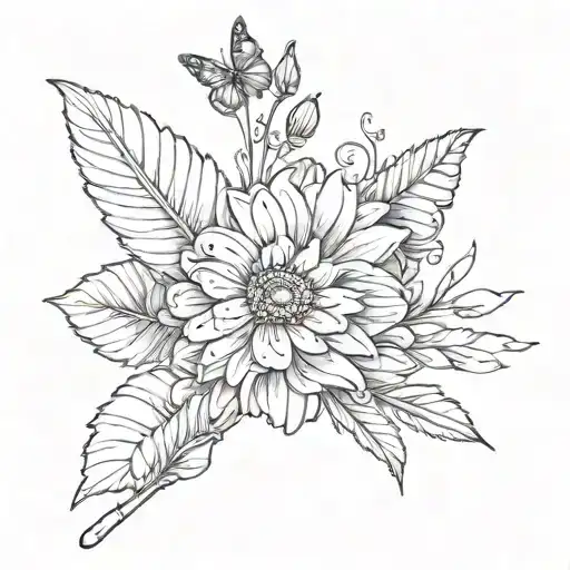 A Tattoo With Flower Stem With The Name Sara A Gerber Daisy Flower With A Butterfly And A Feather