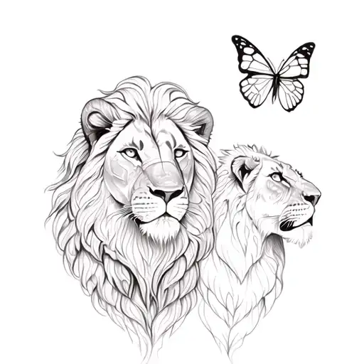 Lion And Lioness With Butterflies