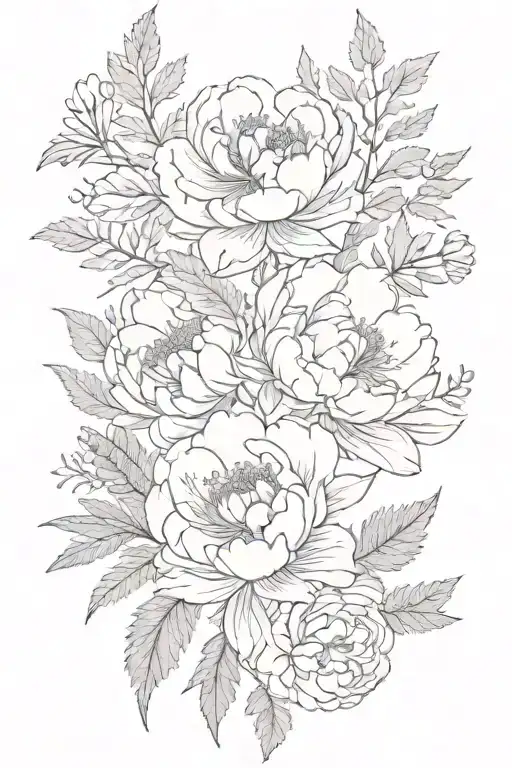Peonies With Fern Leaves And Different Flowers And Delicate Leaves