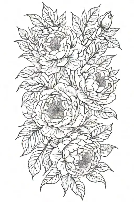 Delicate Peonies With Leaves In Whipshading Style
