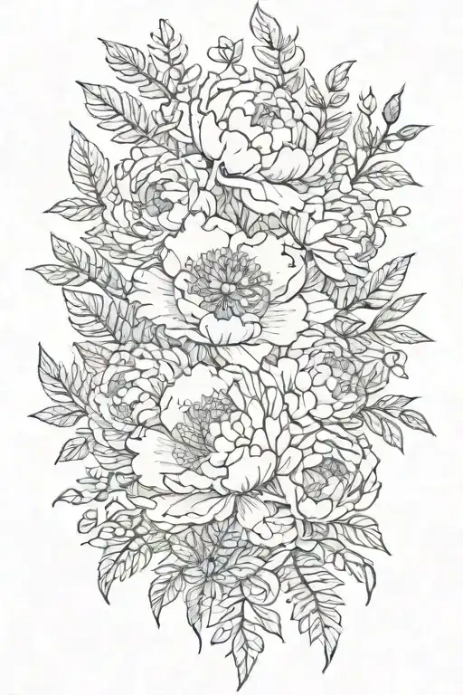 Delicate Peonies With Leaves And Ferns In Whipshading Style