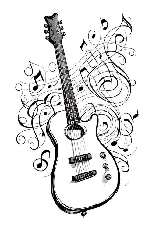 Acuistic Guitar With Scroll Musical Notes Swirling
