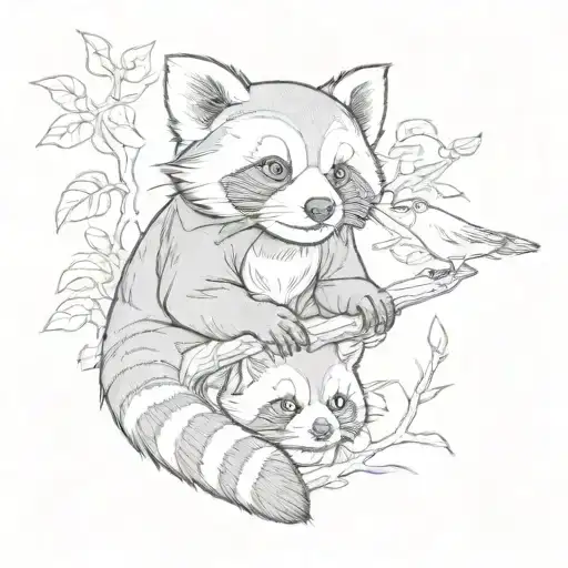 Red Panda And A Raccon Playing With A Bird Flying