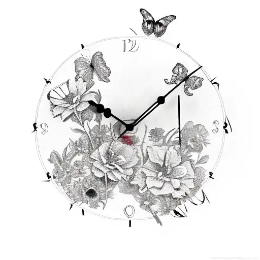 Broken Clock With Flowers And Butterflies