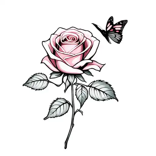 Rose On The Shoulder With The Stem Raping Arond Arm And Q Small Butterfly On The Rose