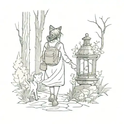 Girl Walking Into Forest With Lantern And Cat