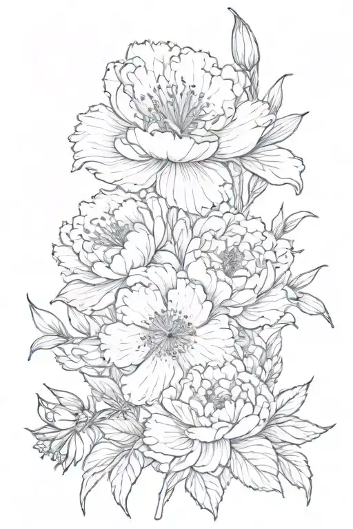 Peony Iris Hydrangea Flowers Line Drawing