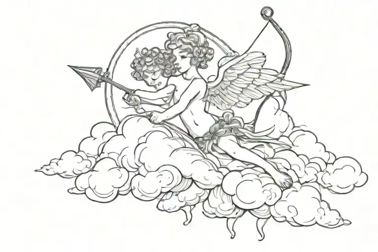 Cupid On A Cloud With A Bow And Arrow Pointing Down In Black And White Single Lines