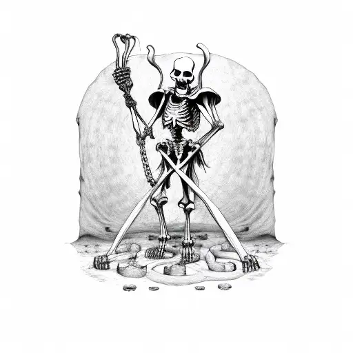 Grim Reaper Standing On A Bed Of Skulls Whilst Honding A Chain Attached To A Skeleton Horse