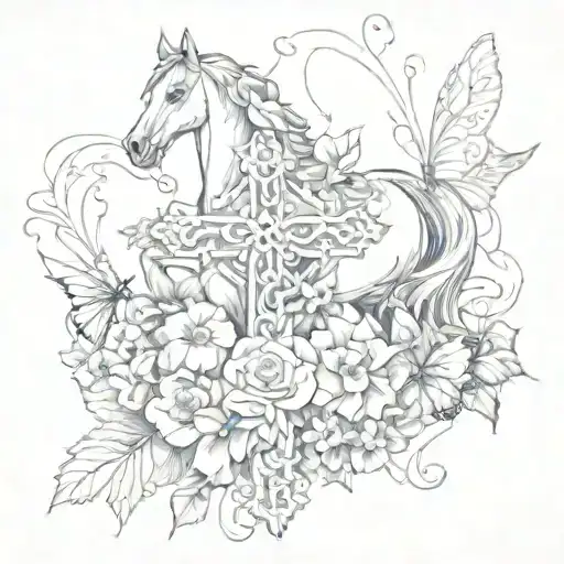 A Cross With Flowers And Horse And Butterflies
