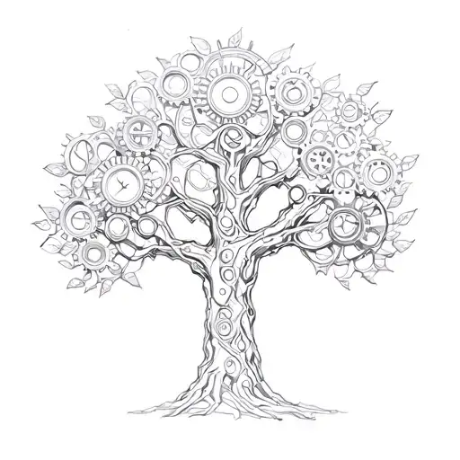 A Sketch Of A Mechanical Tree With Clockwork Gears For Leaves