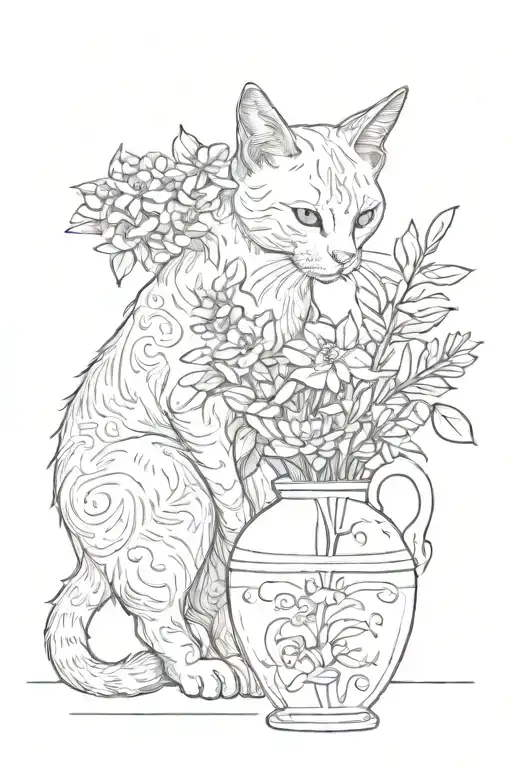 Cat Sniffs Flowers In A Vase