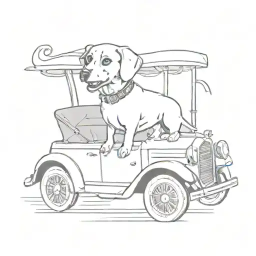 A Sketch Style Tattoo Of A Dog Driving A Vintage Car With A Music Note In The Background